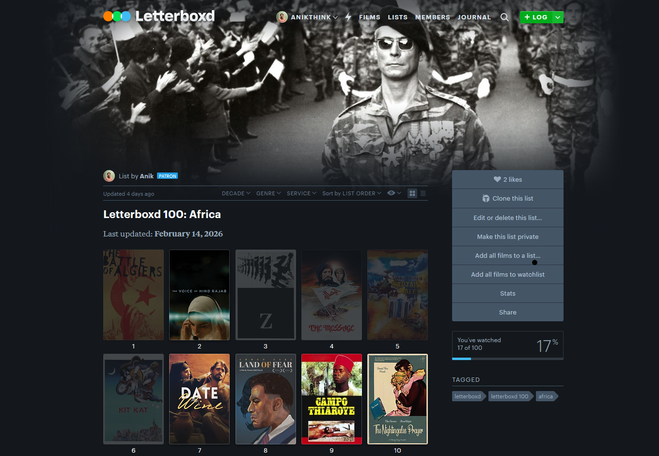 List of the highest rated African films on Letterboxd.